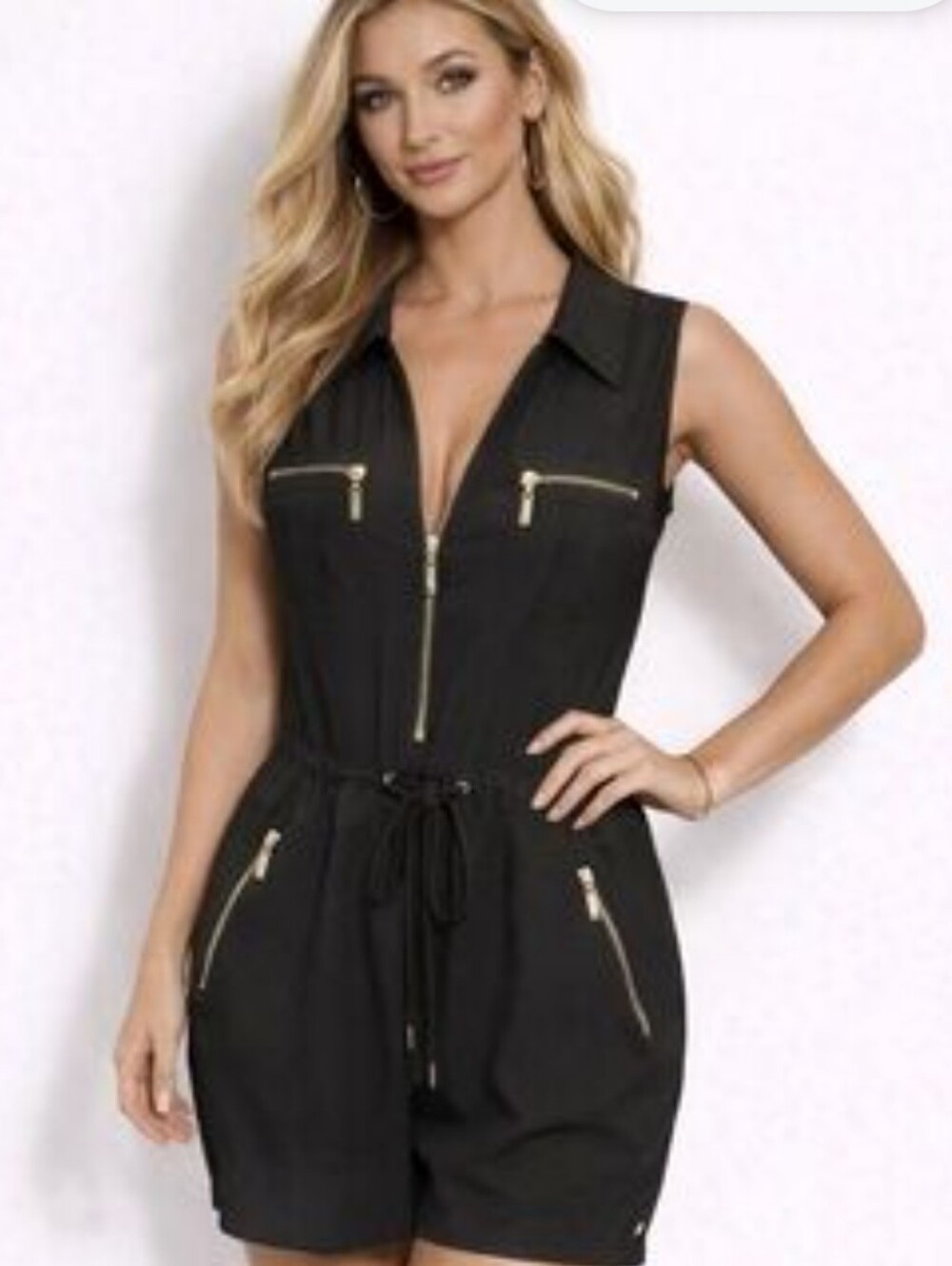 Cache Black Sleeveless Zip-Front Romper with Gold Hardware